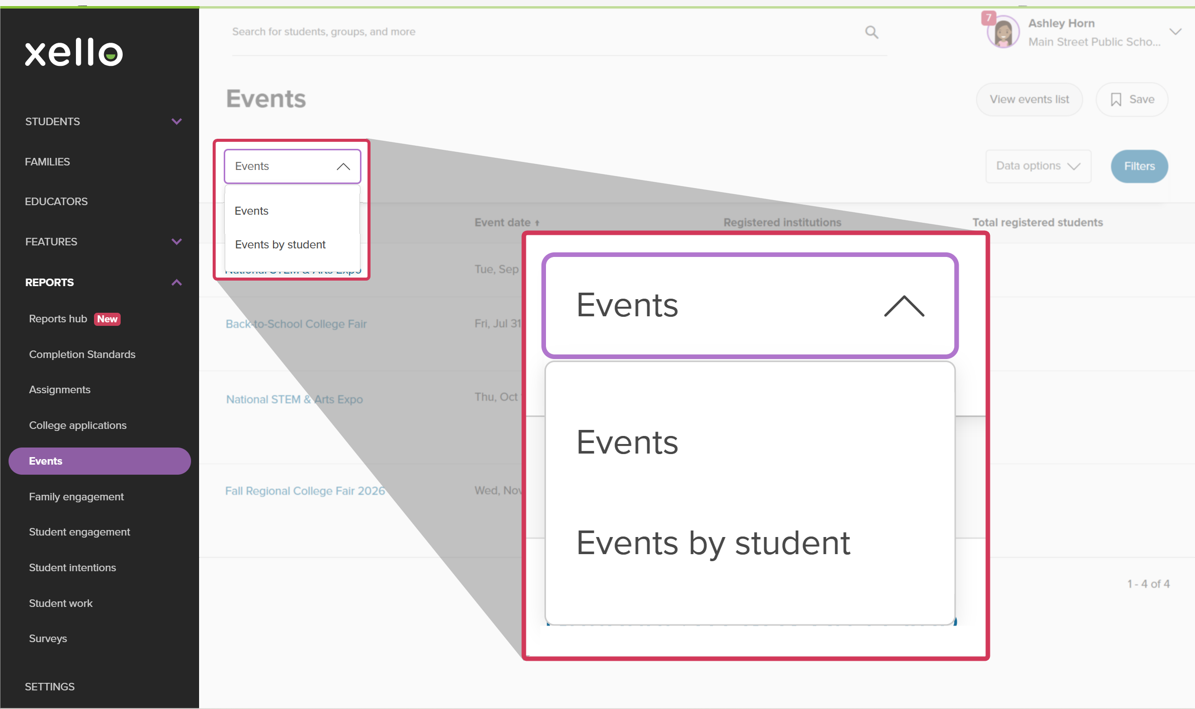 Events report in Xello. The Events dropdown is highlighted with the option to view the report of Events or Events by student.